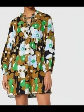 Who What Wear 100% Cotton Green, Tan, Brown & Black Floral Mini Dress Sz M